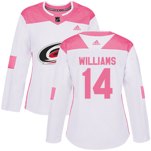 Adidas Hurricanes #14 Justin Williams White/Pink Authentic Fashion Women's Stitched NHL Jersey - Click Image to Close